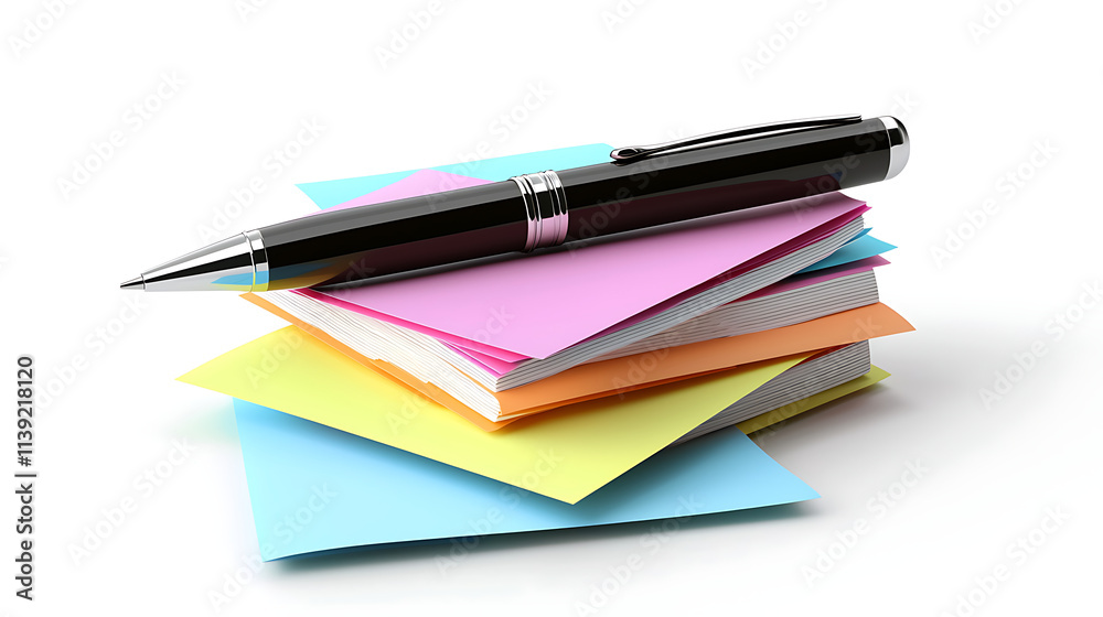 A pen is on top of a stack of colorful papers