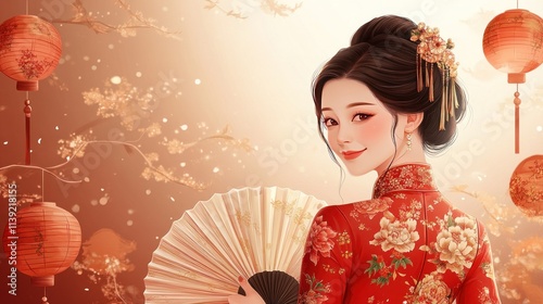 Woman dressed in a classic red qipao with golden floral patterns, elegant hairstyle, holding a fan, joyful smile, lantern decorations