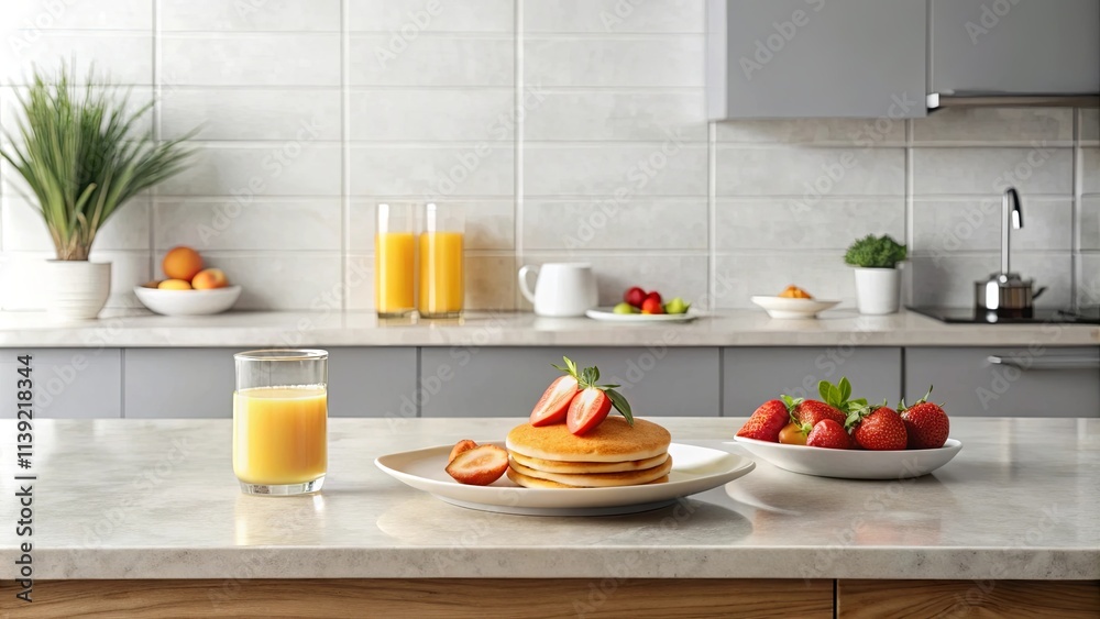 Delicious pancake breakfast with fresh strawberries and orange juice on kitchen counter