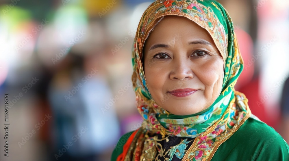 A woman in a green Isan sarong with gold trim, a floral embroidered shirt and a headscarf, standing in a procession of the Prasat Phueng festival A woman in a green Isan sarong with gold trim, a floral embroidered shirt and a headscarf, standing in a procession of the Prasat Phueng festival