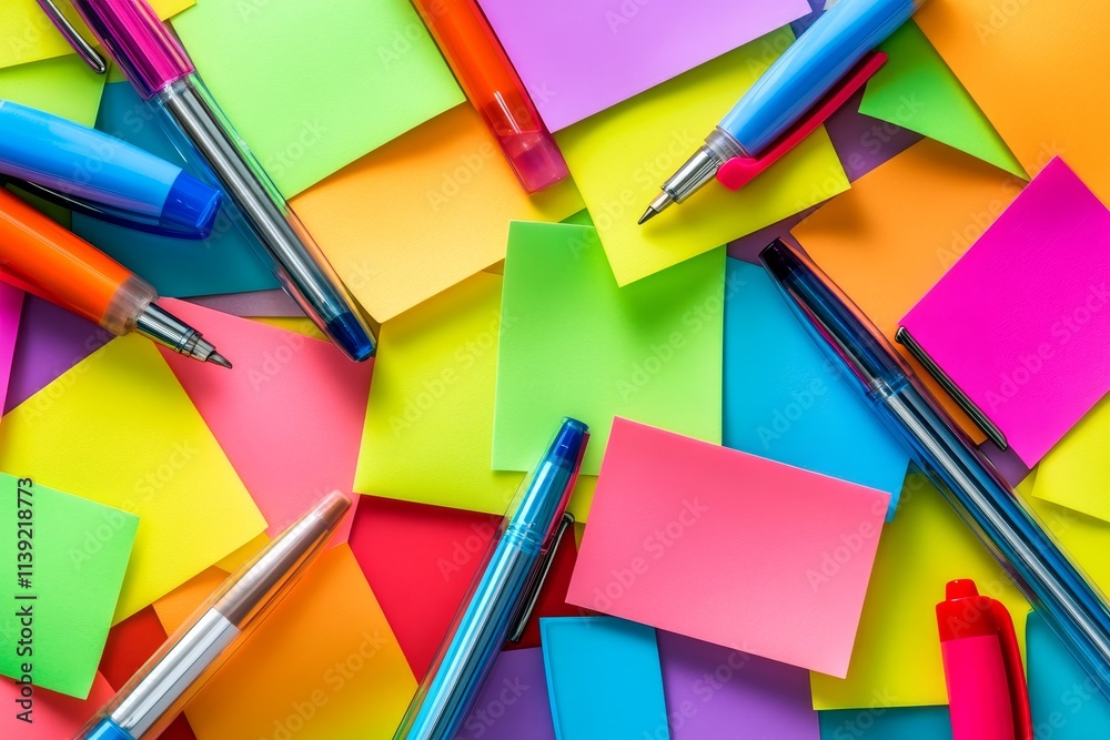 Colorful sticky notes and pens scattered on a surface. Colorful sticky notes and pens scattered on a surface.