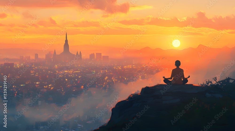 A person meditating on a hilltop overlooking a city at sunrise, focusing on renewal A person meditating on a hilltop overlooking a city at sunrise, focusing on renewal