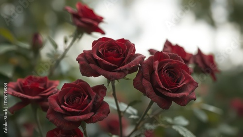 Dark red roses in full bloom against a blurred, rich background, red roses,photography