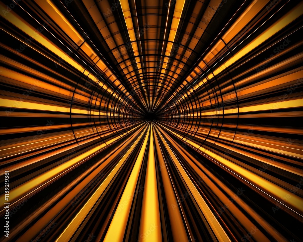Obraz premium A dynamic tunnel of light radiating in golden hues, creating a sense of movement and depth, often used in digital art and design to evoke speed or futuristic themes.