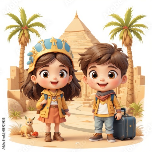Cartoon boy and girl dressed as explorers in front of Egyptian pyramids. Great for history books, travel guides, and educational projects about ancient civilizations.

