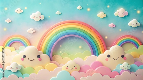 Joyful Rainbow and Smiling Cloud Landscape A whimsical illustration of pastel clouds and rainbows