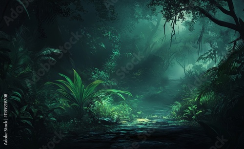 Fototapeta Naklejka Na Ścianę i Meble -  Mysterious dark green jungle path. (1)