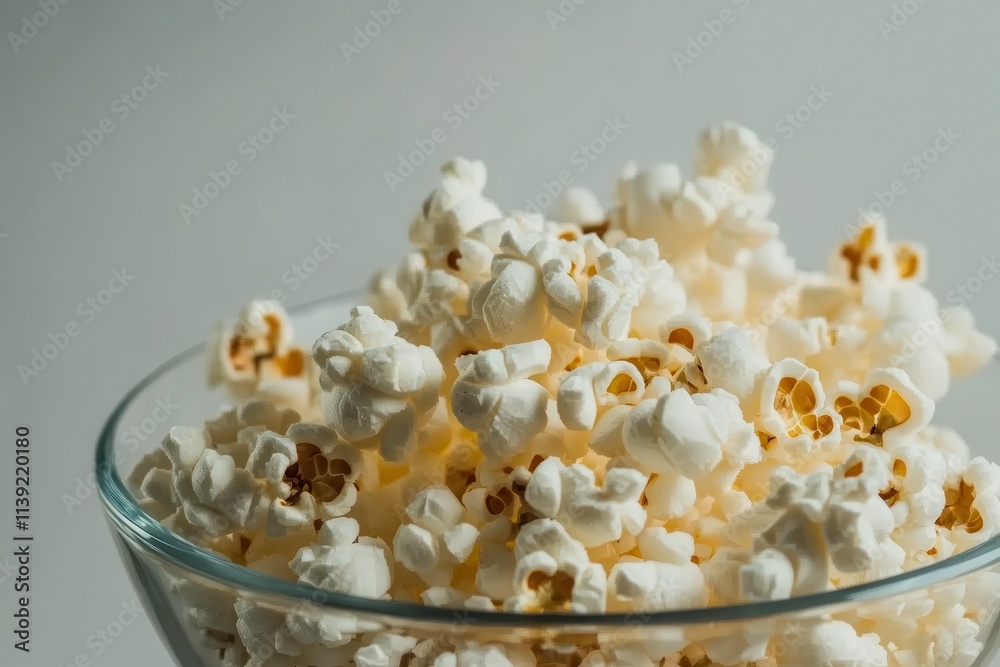 Freshly Popped Popcorn in a Clear Glass Bowl with a Minimalist Background, Perfect for Movie Nights and Snack Promotions Freshly Popped Popcorn in a Clear Glass Bowl with a Minimalist Background, Perfect for Movie Nights and Snack Promotions