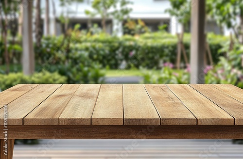 Empty wooden table with blurred garden background. photo