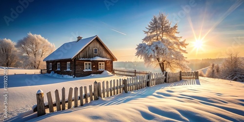 A picturesque winter sunrise illuminates a cozy wooden cabin nestled within a snow-covered landscape, its rustic charm enhanced by a weathered wooden fence photo