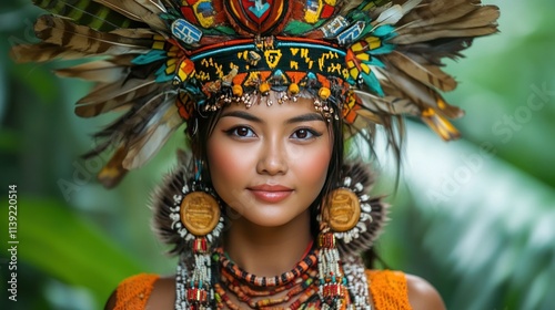 A woman in traditional Dayak costume from Borneo, complete with embroidered robes and amulets made of wood and beads, stands in a tropical rainforest for a ritual to make a wish photo