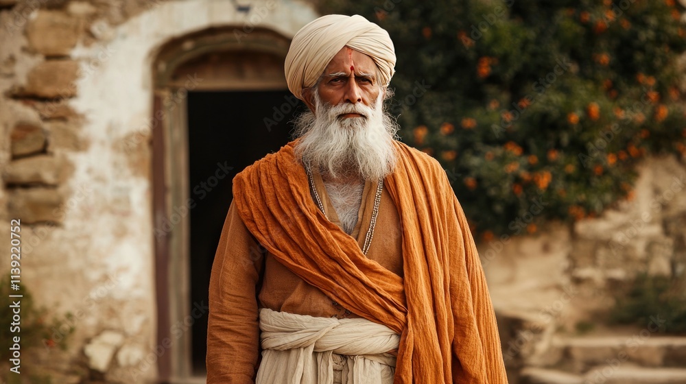 Fototapeta premium An elderly man dressed in traditional Indian attire, complete with a turban and long shawl, standing against a rustic village backdrop