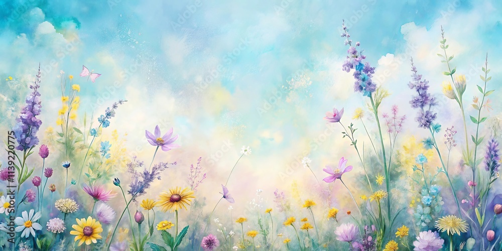 Obraz premium Serene Meadow Landscape Featuring Varied Wildflowers and Butterflies Under a Soft Sky