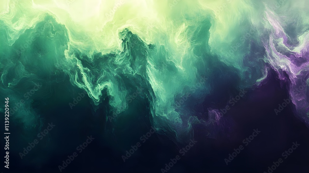 Obraz premium Abstract Cosmic Nebula with Ethereal Green and Purple Swirling Clouds, Dreamlike Fluid Motion, Atmospheric Mist, and Vibrant Shades Creating a Mystical and Celestial Background Design