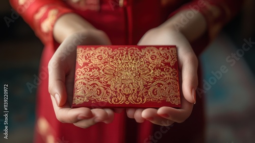 Close-up of hands holding a red envelope with intricate gold designs, cultural background, symbolic gesture of giving blessings photo