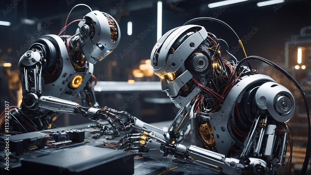 Fototapeta premium 3D-rendered robot in a modern factory, illustrating advanced artificial intelligence and automation concepts.