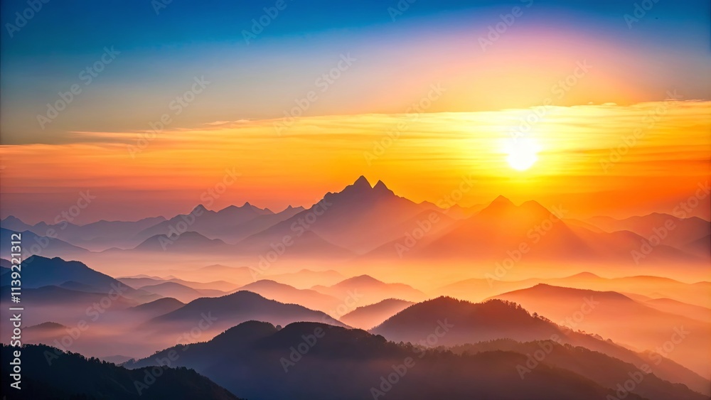 Obraz premium Serene Sunrise Over Misty Mountain Ranges, a Breathtaking View of Nature's Majesty