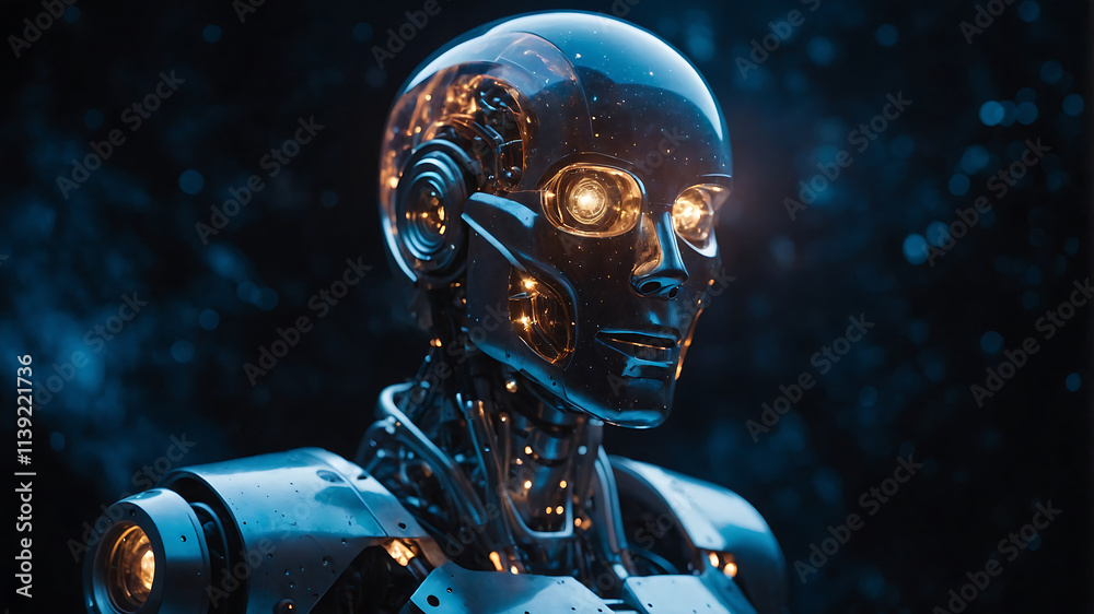 A futuristic robot with a transparent head showcasing glowing internal components and striking illuminated eyes. A futuristic robot with a transparent head showcasing glowing internal components and striking illuminated eyes.