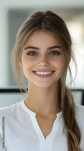 Smiling Woman with Long Brown Hair, Wearing White Shirt: Radiates Happiness and Confidence in a Portrait.