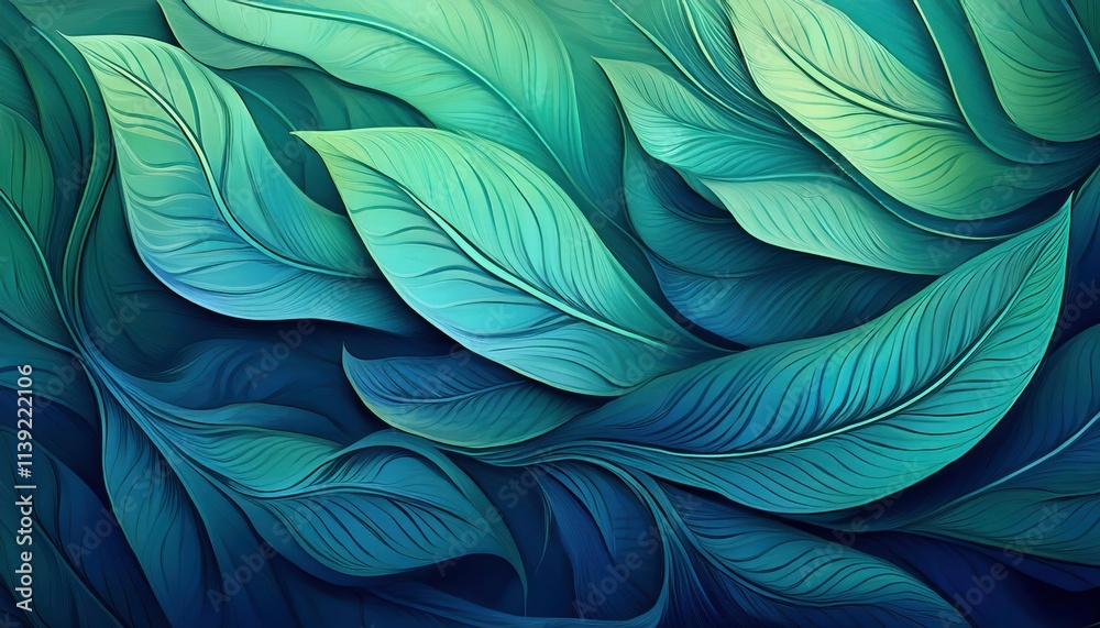 Serene Teal Leaves: An abstract illustration of lush, teal leaves, creating a calming and sophisticated design. Perfect for nature-inspired projects. Serene Teal Leaves: An abstract illustration of lush, teal leaves, creating a calming and sophisticated design. Perfect for nature-inspired projects.