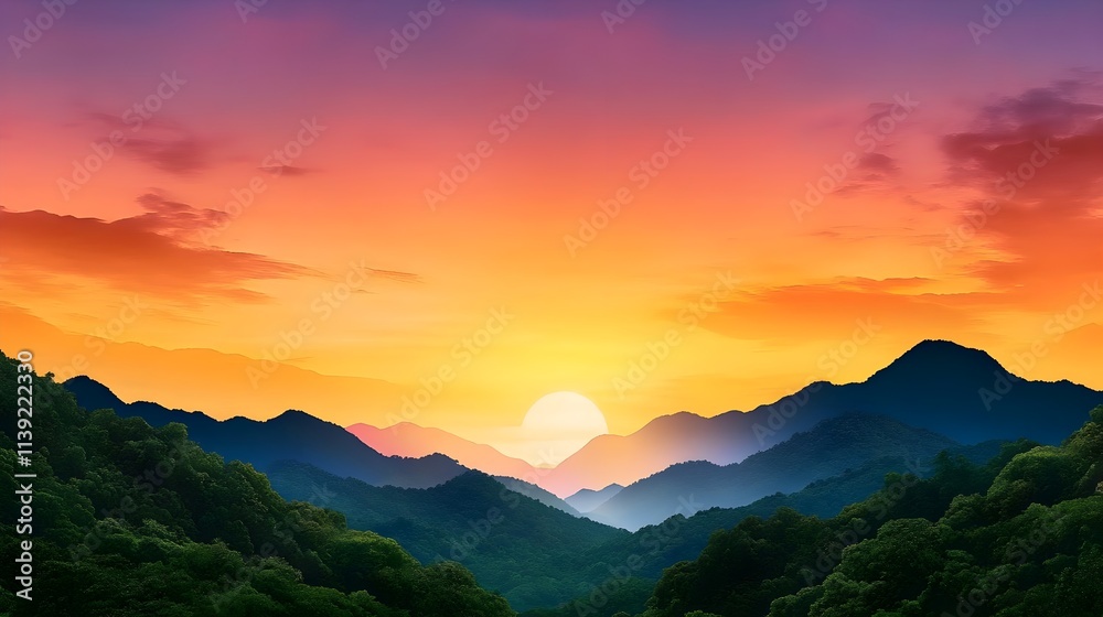 Obraz premium Serene Sunrise Over Rolling Mountains with Vibrant Orange, Pink, and Purple Skies and Lush Green Forest Silhouettes Creating a Peaceful and Majestic Natural Landscape Scene