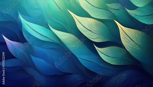 Serene Aquatic Leaves: An abstract illustration of flowing, teal and blue leaves creates a calming, underwater-like atmosphere. Perfect for designs seeking tranquility and natural beauty. 