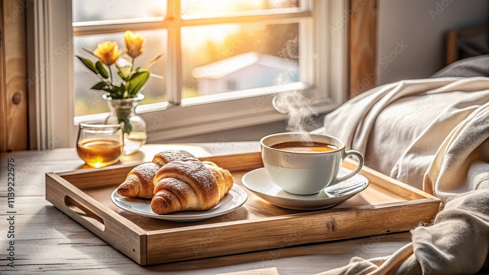 A relaxing morning with warm beverage and pastries on a wooden tray by the window A relaxing morning with warm beverage and pastries on a wooden tray by the window
