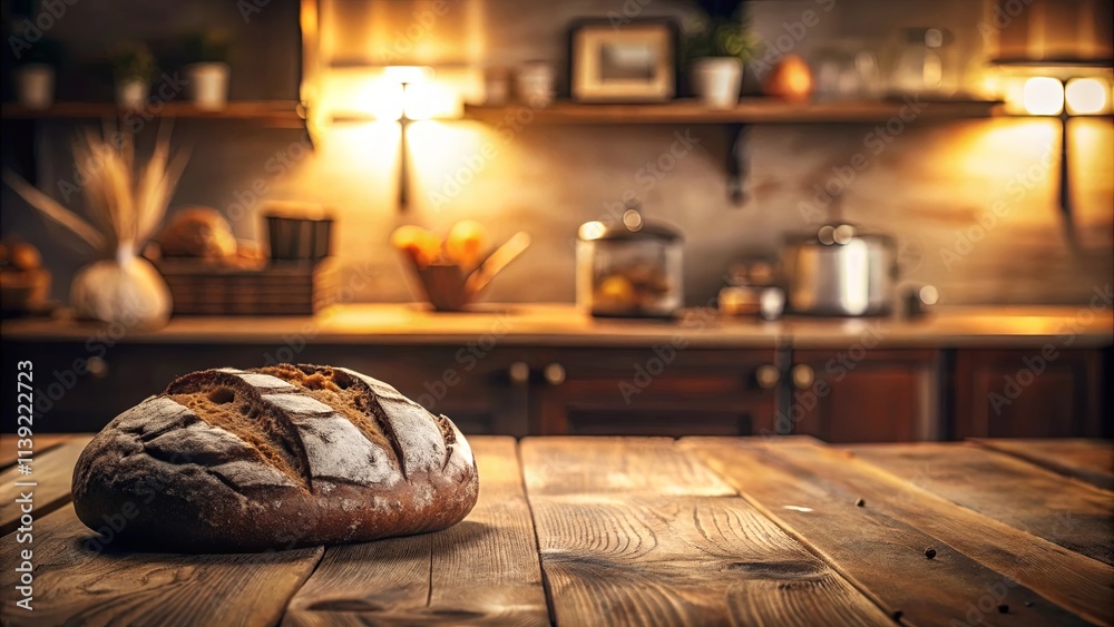 Obraz premium Rustic kitchen scene featuring a freshly baked loaf of bread on a wooden table
