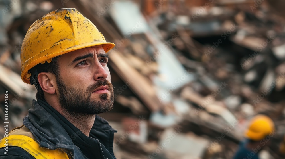 A bearded man in a yellow hard hat surveys a disaster zone. Depicts resilience and the aftermath of a destructive event. A bearded man in a yellow hard hat surveys a disaster zone. Depicts resilience and the aftermath of a destructive event.