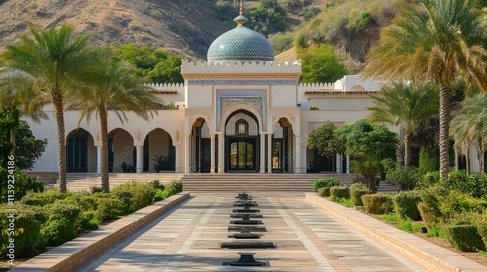 Fototapeta premium Majestic Arabian Palace in Muscat, Oman: Architectural Gem Amidst Lush Gardens