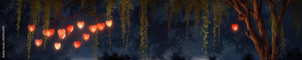 Heart-shaped lanterns suspended from a weeping willow tree against a backdrop of a full moonlit night, outdoorsy, serene, woodsy Heart-shaped lanterns suspended from a weeping willow tree against a backdrop of a full moonlit night, outdoorsy, serene, woodsy