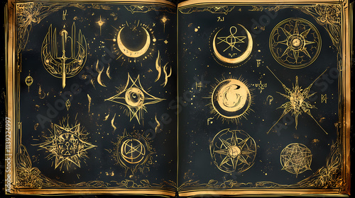 Hand drawn illustration of decorated old pages with mystic symbols from witch magic spell book. gothic, occult and esoteric background. only fantasy letters, no foreign language. Arcane. Illustration