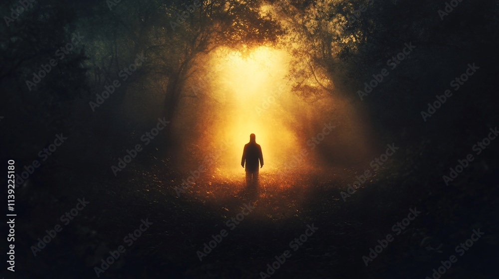 A Mysterious Figure Walking Towards a Golden Glow in a Dark Forest Surrounded by Mist, Embracing the Enigmatic Beauty of Nature at Dawn or Dusk A Mysterious Figure Walking Towards a Golden Glow in a Dark Forest Surrounded by Mist, Embracing the Enigmatic Beauty of Nature at Dawn or Dusk