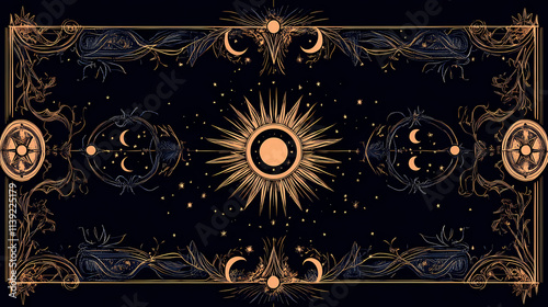 Magic border with celestial stars sun and moon. astrology fantasy decorative ornament. divider with mystic spiritual symbols. astral minimal design with elegant elements. Arcane. Illustration