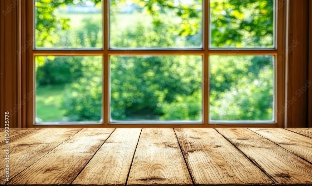 Wooden table near window with blurry green nature view. Wooden table near window with blurry green nature view.