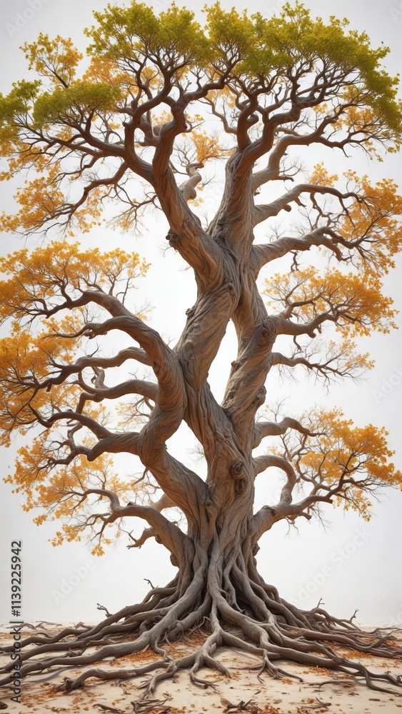 Fototapeta premium Large tree with gnarled branches against a bright white background, texture, large