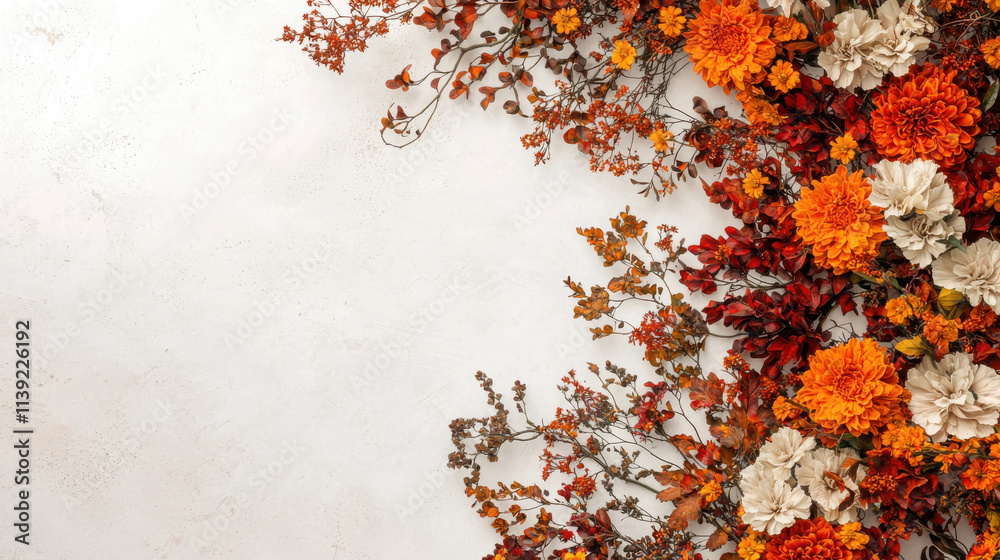 Autumn flower wall display with marigolds and chrysanthemums warm environment floral art captivating view Autumn flower wall display with marigolds and chrysanthemums warm environment floral art captivating view