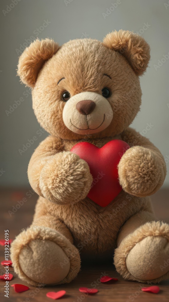 Soft brown teddy bear clutching a red heart, affection,brown bear Soft brown teddy bear clutching a red heart, affection,brown bear