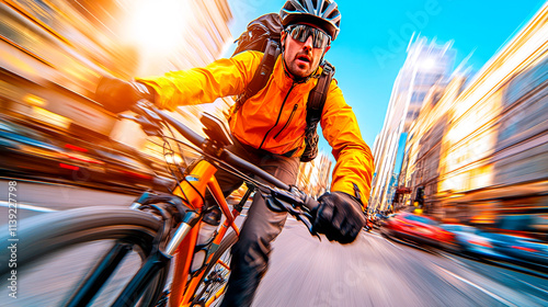 Urban Cycling Rush: A cyclist speeds through a dynamic city streetscape, motion blur adding to the sense of exhilarating speed and adventure. photo