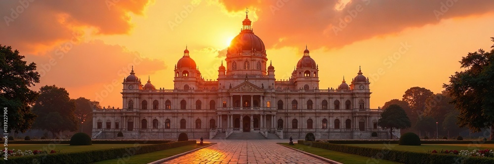 Obraz premium Palace facade bathed in warm golden light of sunset, sky, warm