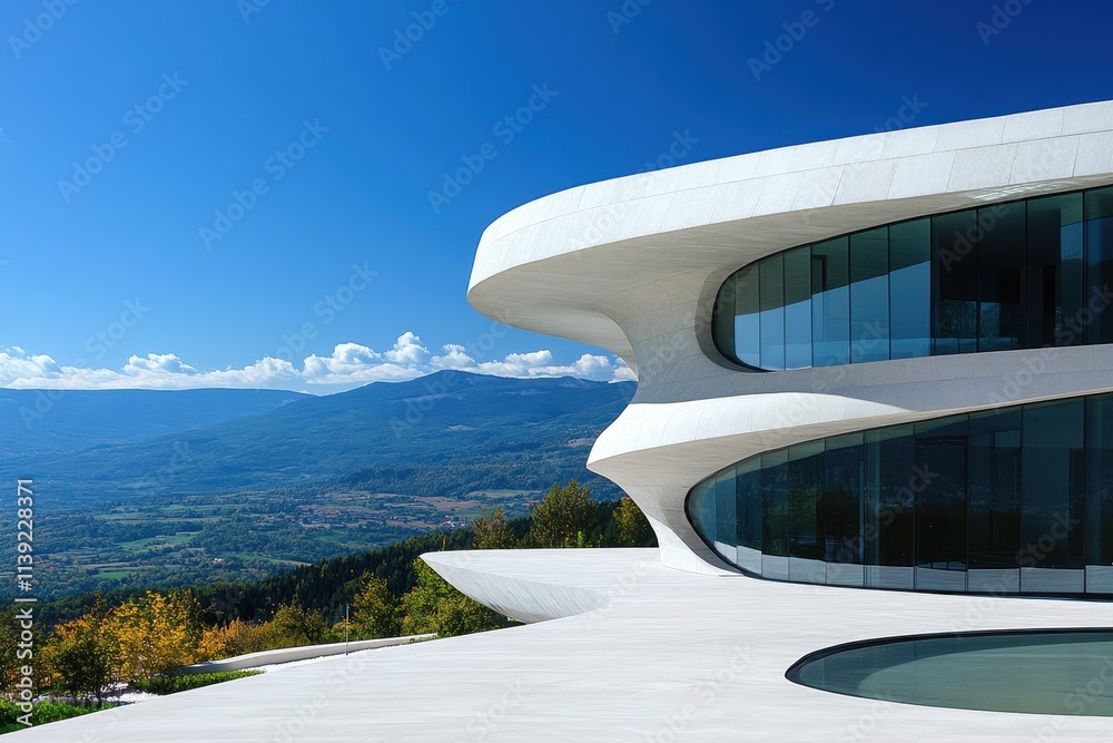 Fototapeta premium Modern architecture with panoramic mountain views. Ideal for showcasing contemporary design, luxury, and scenic beauty.