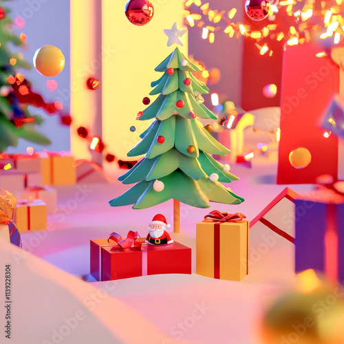 Christmas Cheer 3D: A festive 3D illustration of a Christmas tree adorned with ornaments and surrounded by presents, creating a magical holiday atmosphere.