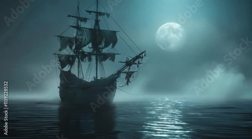 Pirate Ship Under the Moonlight on a Serene Ocean: Peaceful Night Sailing Animation