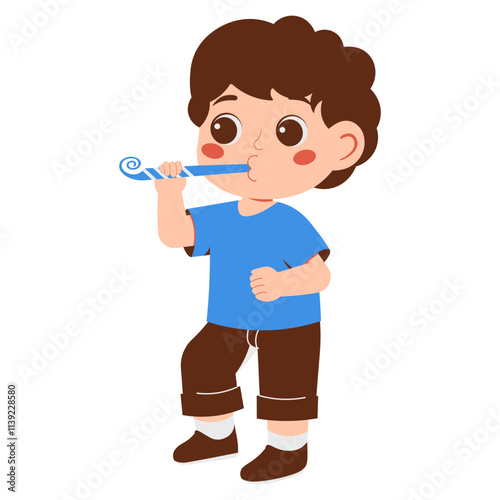 Boy Celebrating New Year Blowing Trumpet Illustration