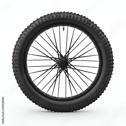 A black bicycle tire with thick treads, designed for durability and traction, displayed against a white background. photo