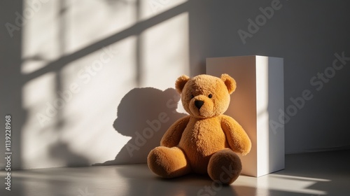 Adorable plush teddy bear sitting beside a white block casting gentle shadows in soft morning light creating a serene and cozy atmosphere in a minimalist setting photo