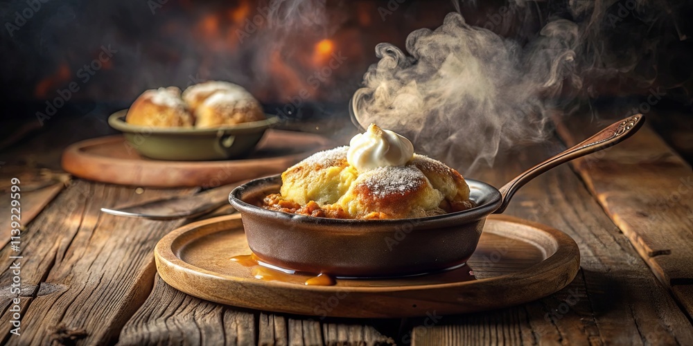 Steaming Sweet Bread Pudding Dessert in Rustic Iron Skillet with Whipped Cream Topping on Wooden Table