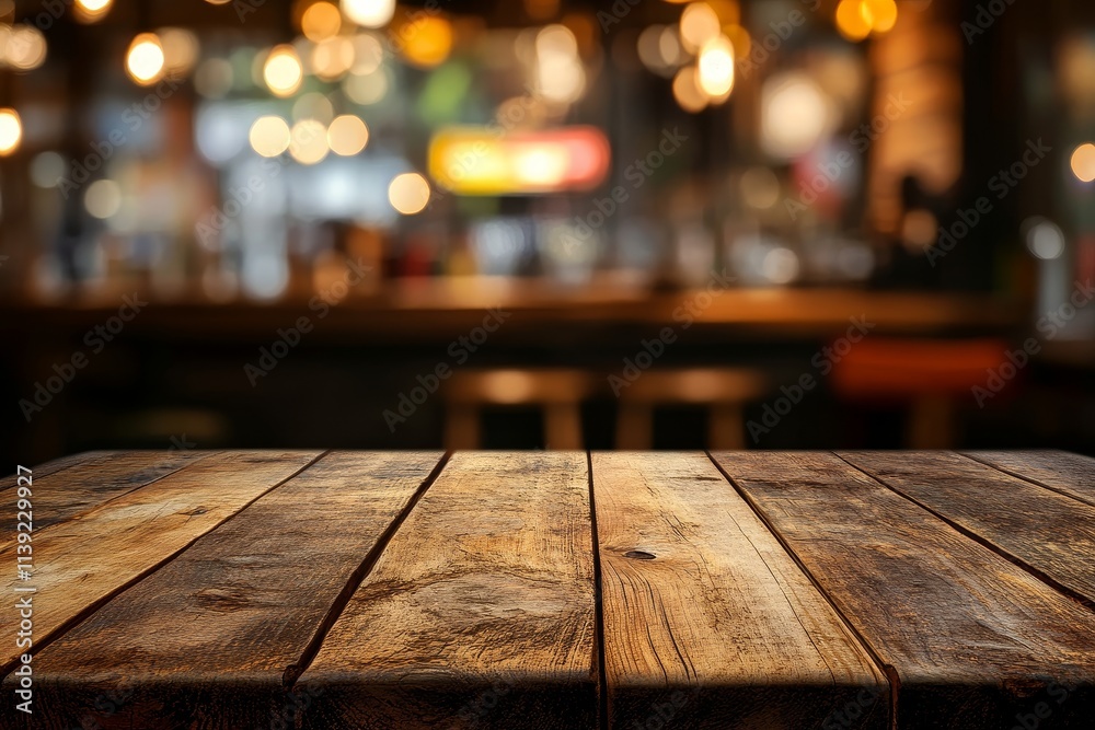 Rustic wooden table in blurred bar background. (2) Rustic wooden table in blurred bar background. (2)