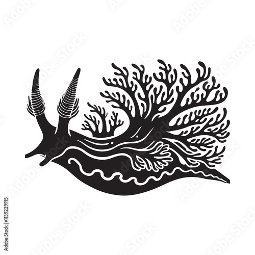 Aeolic Nudibranch  Silhouette Vector Illustration, Solid White Background.