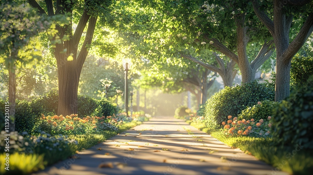 Fototapeta premium Sunlit Pathway Through Lush Garden